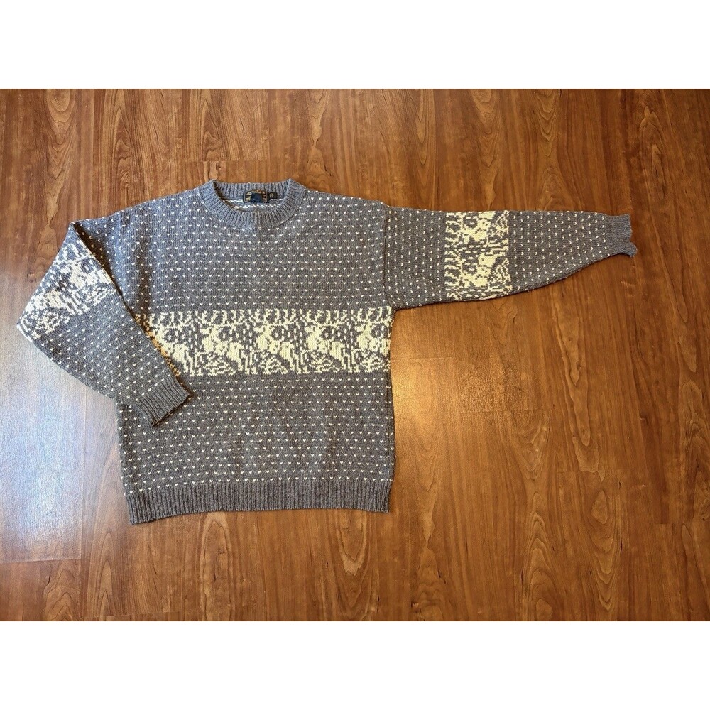 Eddie Bauer Vintage USA MADE Winter Deer Reindeer Gray Wool Knit Sweater L